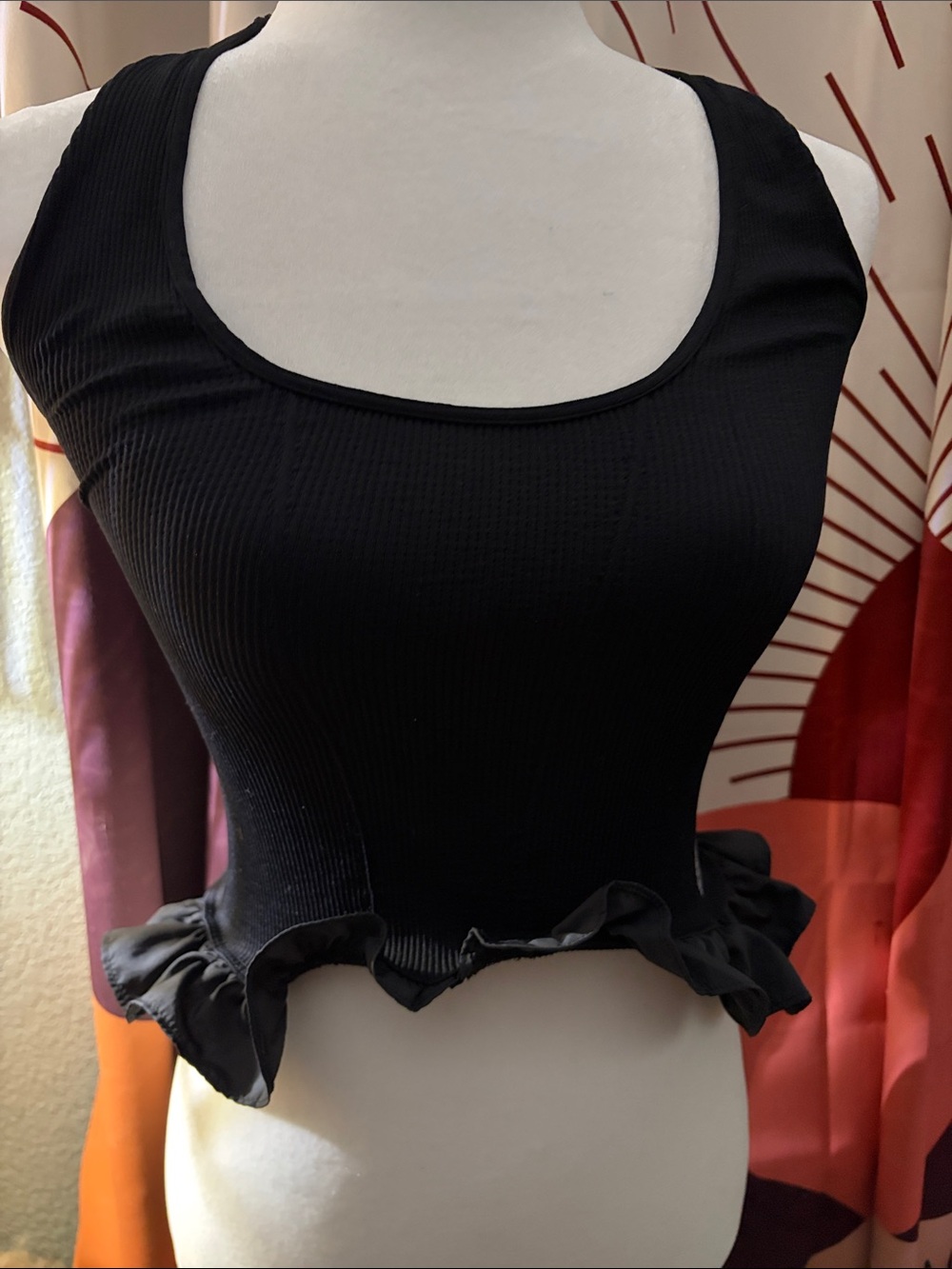 We The Free Black Ribbed Ruffle-Hem Scoop Crop Top